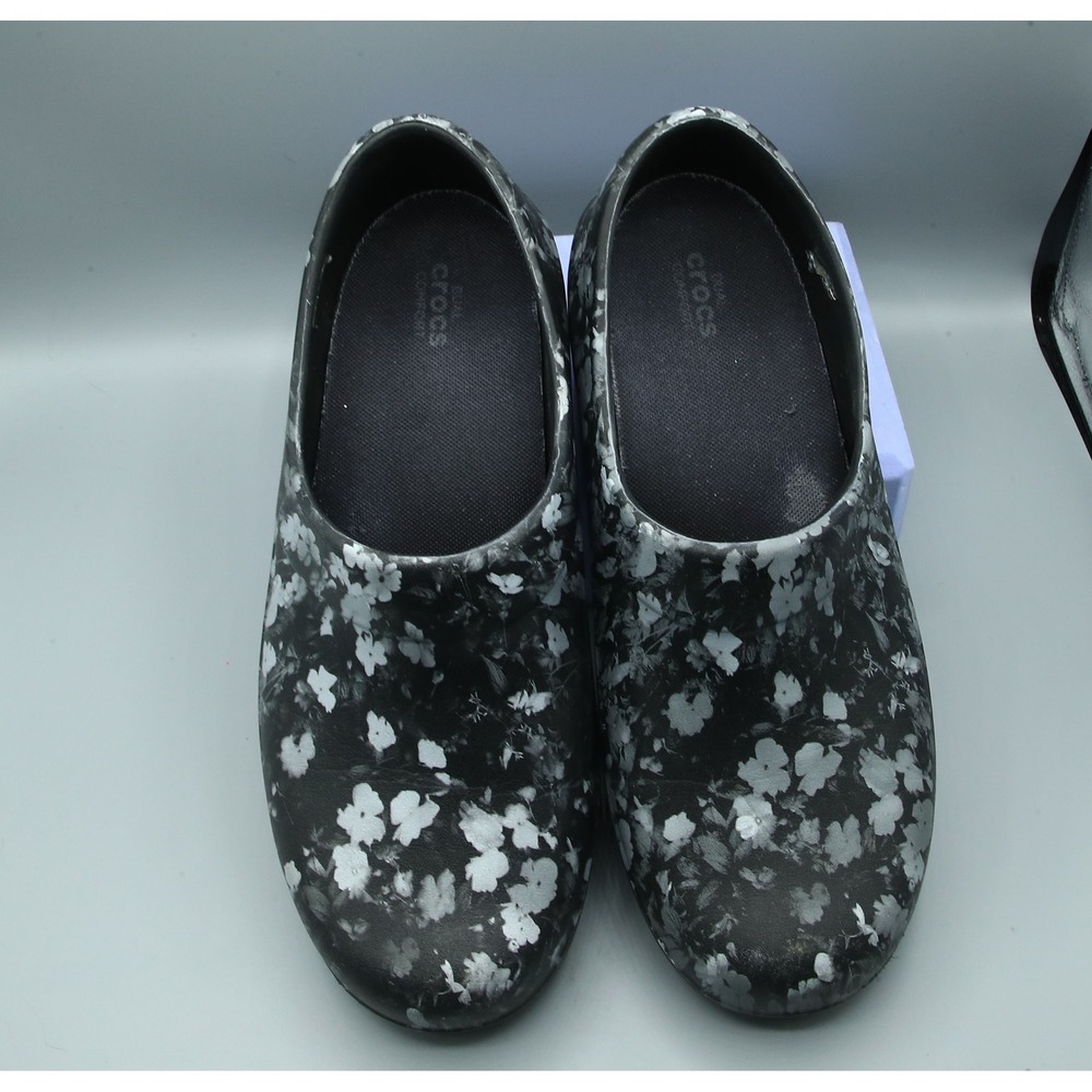 Crocs Neria Pro II Floral Clogs Black White Slip Resistant Work Shoes Womens 10